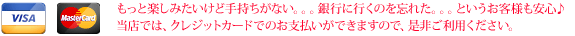 もっと楽しみたいけど手持ちがない。。。銀行に行くのを忘れた。。。というお客様も安心♪ 当店では、クレジットカードでのお支払いができますので、是非ご利用ください。